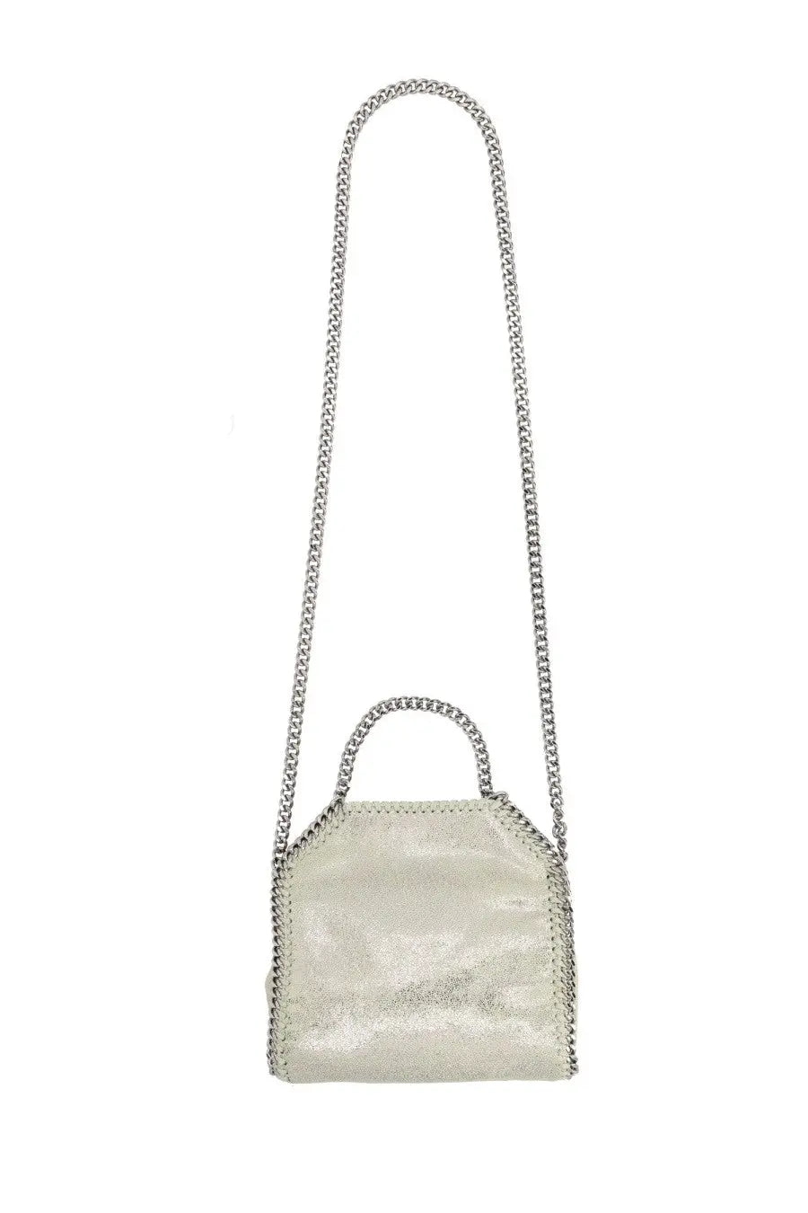 Stella mccartney women’s borsa falabella micro silver bag with a shimmering textured body and silver metallic chain strap and handle