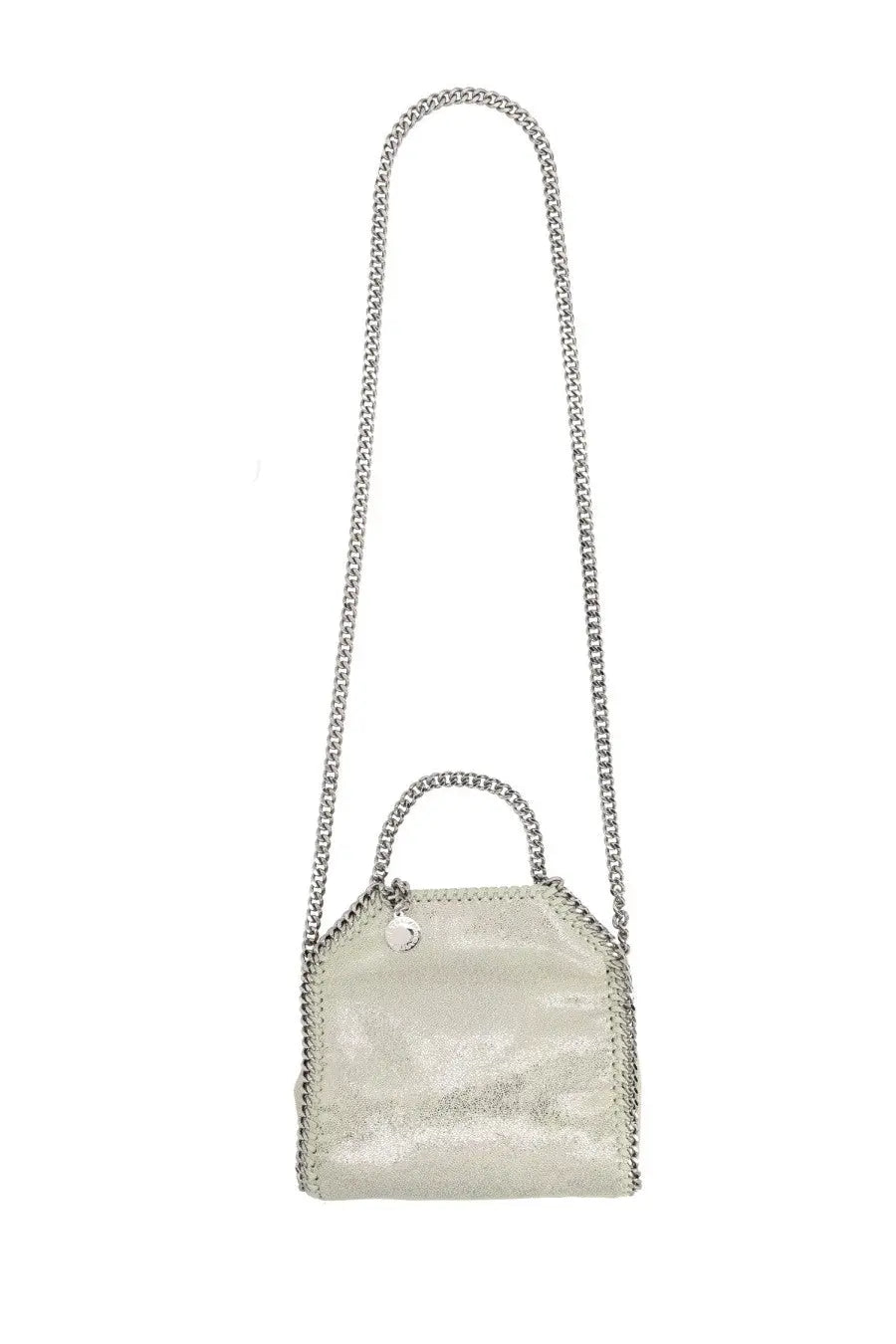 Stella McCartney women’s borsa Falabella micro silver handbag with chain strap and stitched edge design in metallic silver