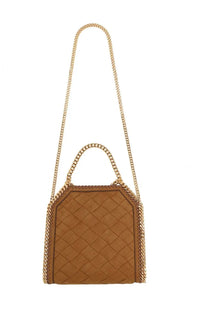 Stella McCartney women’s borsa falabella mini brown tan quilted leather handbag with gold-tone chain strap and handle