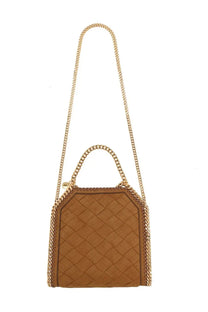 Stella McCartney women’s borsa falabella mini brown tan quilted leather handbag with gold-tone chain strap and handle