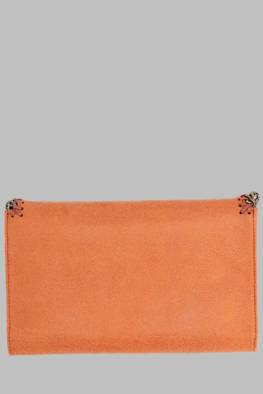 Stella mccartney womens borsa falabella mini orange suede clutch with decorative metal hardware at corners