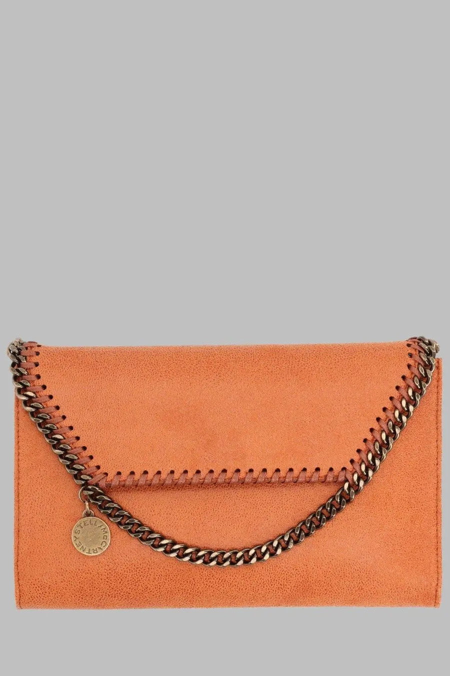 Stella McCartney women’s borsa falabella mini orange suede clutch with metallic chain strap and circular brand tag