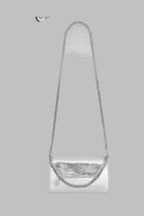 Stella McCartney women’s borsa falabella mini silver crossbody bag with silver metallic chain strap and subtle front texture
