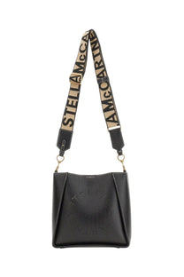 Black leather bucket bag with beige and black printed stella mccartney strap for women borsa spalla con black