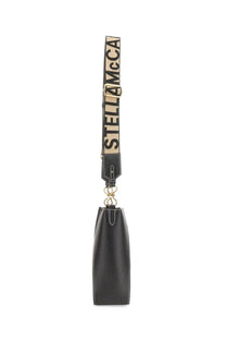 Stella McCartney women’s black leather crossbody bag with beige and black striped logo strap for shoulder wear