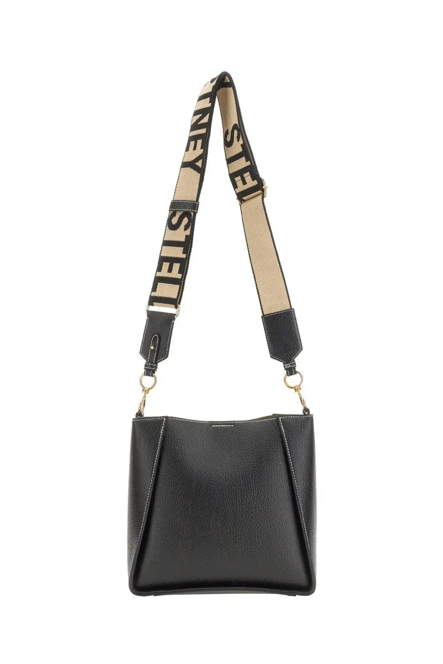 Stella McCartney women’s black textured leather bucket bag with beige and black striped shoulder strap