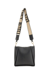 Stella McCartney women’s black textured leather bucket bag with beige and black striped shoulder strap