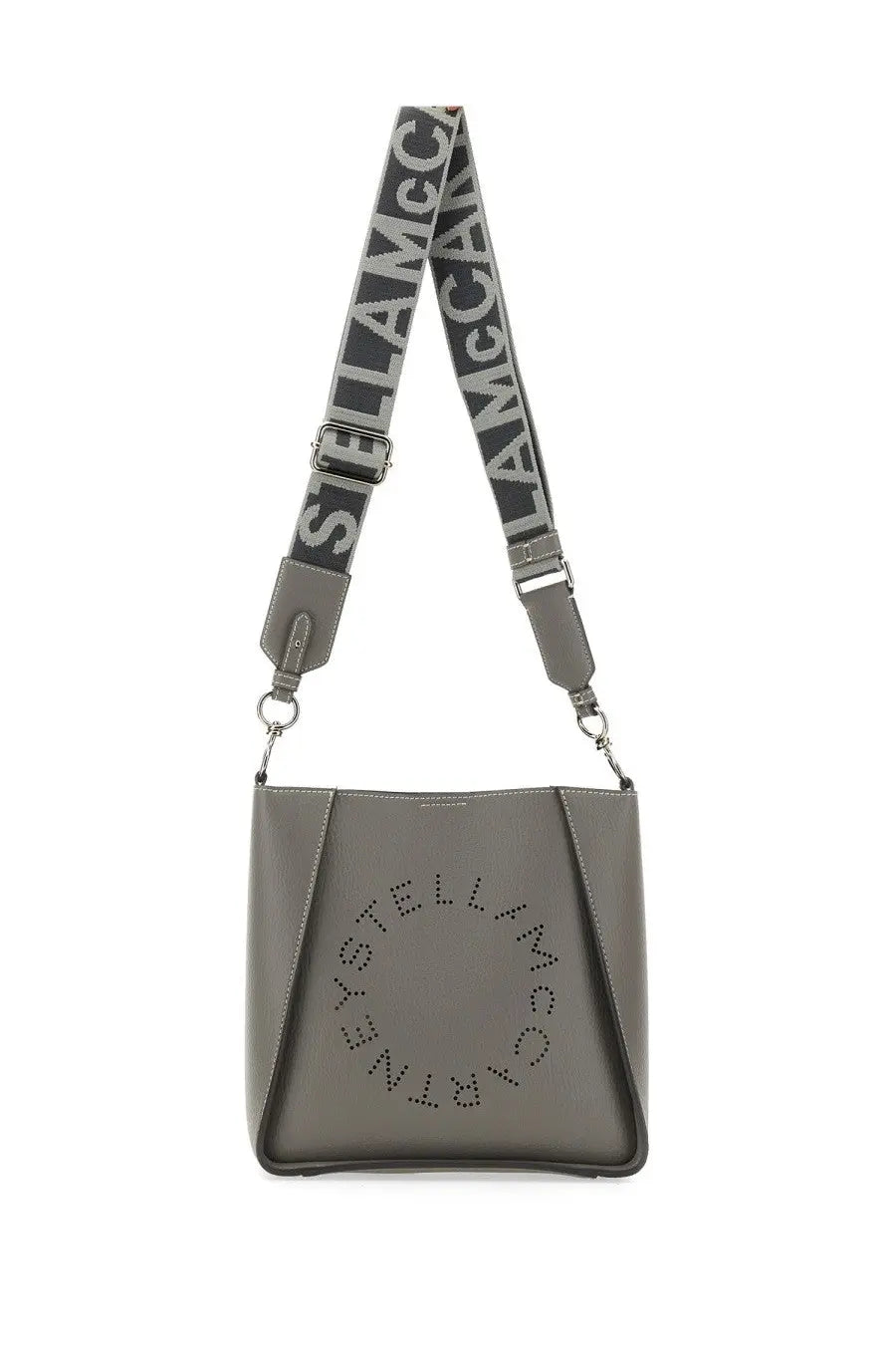 Stella McCartney women’s gray leather crossbody bag with circular logo perforation and matching printed strap