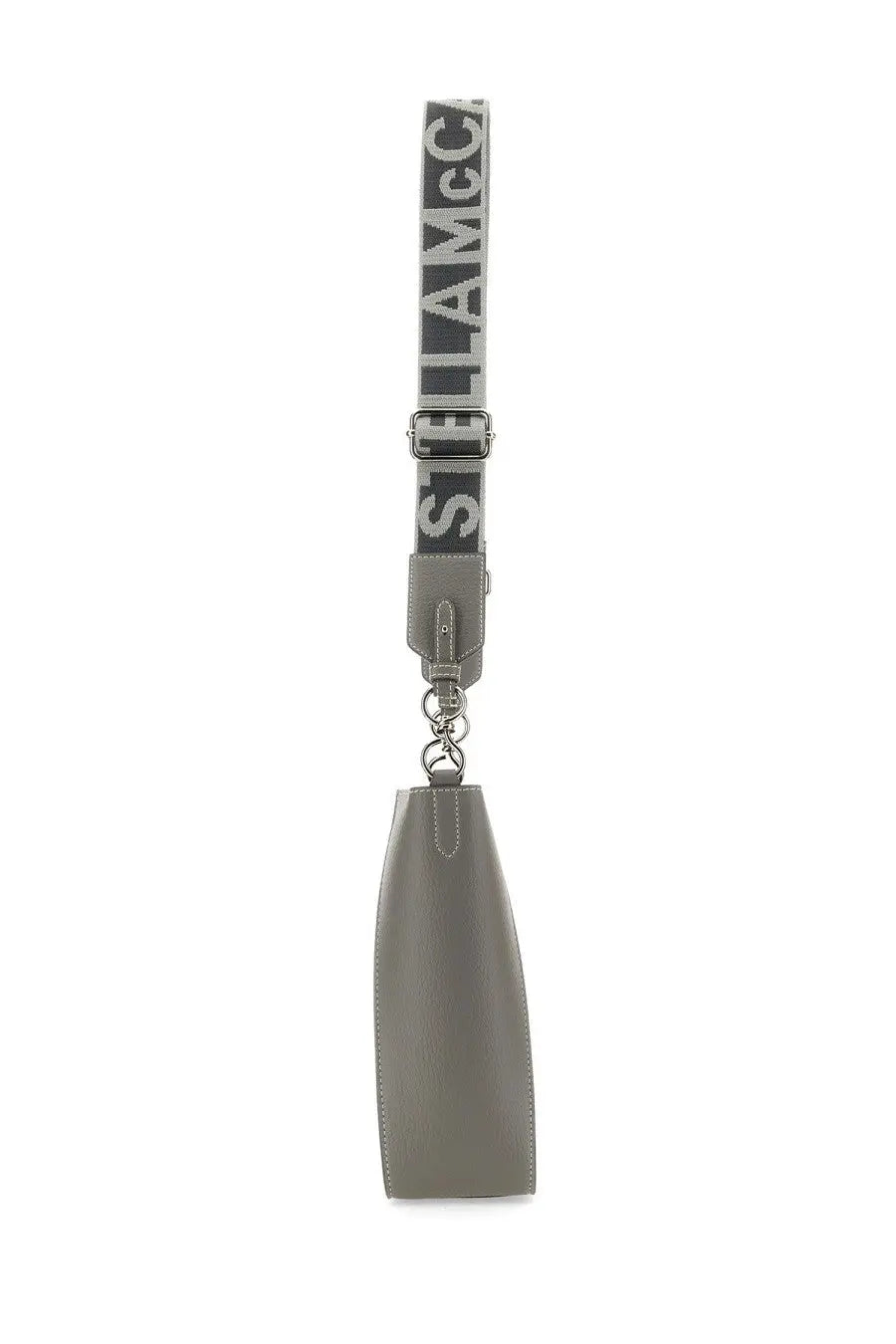 Stella McCartney women’s gray leather tote bag with matching strap featuring bold repeating logo lettering