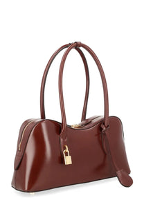 Stella McCartney women’s borsa spalla ryder medium brown glossy burgundy leather handbag with curved handles and gold padlock closure