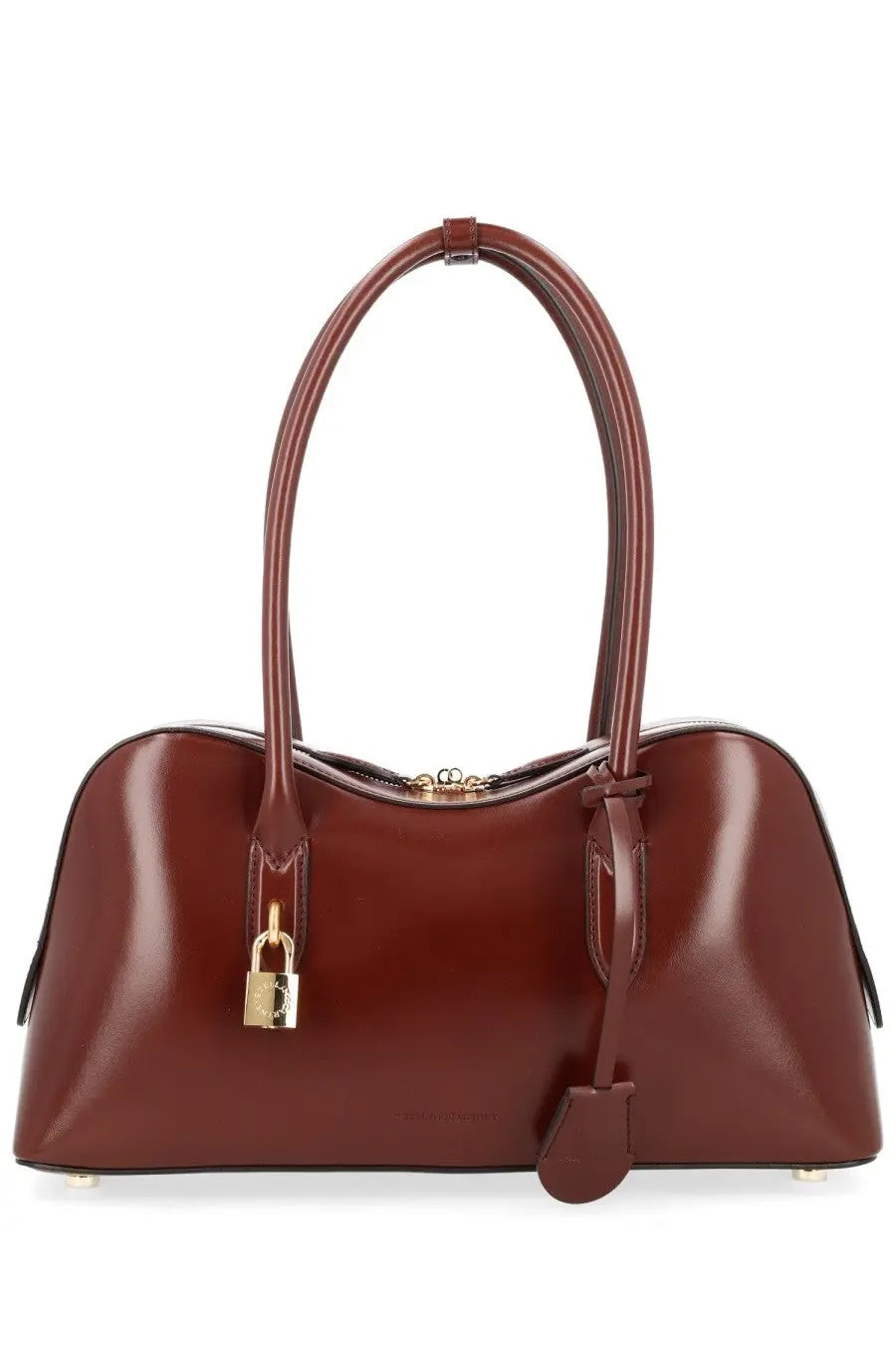 A sleek glossy burgundy leather stella mccartney borsa spalla ryder medium handbag with gold padlock closure