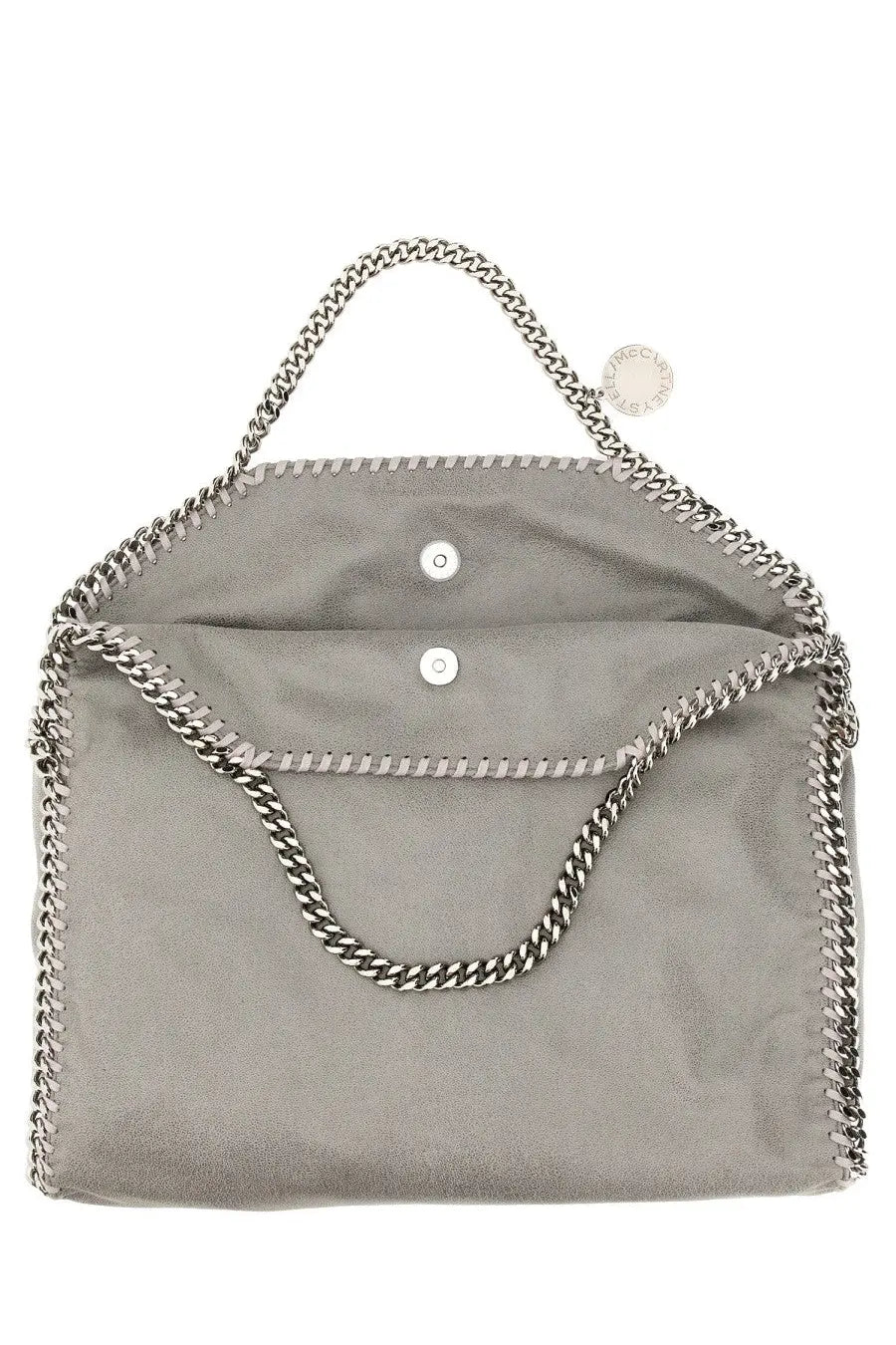 Stella McCartney women’s gray suede Falabella tote bag with silver chain handles and detailed stitching