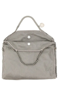 Stella McCartney women’s gray suede Falabella tote bag with silver chain handles and detailed stitching
