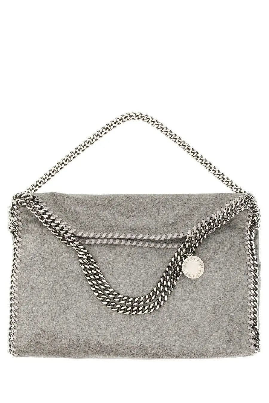 Stella mccartney women’s borsa tote falabella fold over grey with silver metallic chain strap and circular pendant tag on olive green suede handbag
