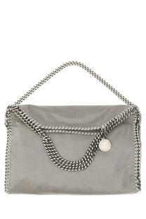 Stella mccartney women’s borsa tote falabella fold over grey with silver metallic chain strap and circular pendant tag on olive green suede handbag