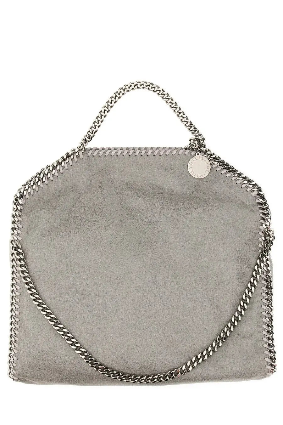 Stella McCartney women’s silver-gray suede borsa tote falabella handbag with chain-link strap and stitched edges