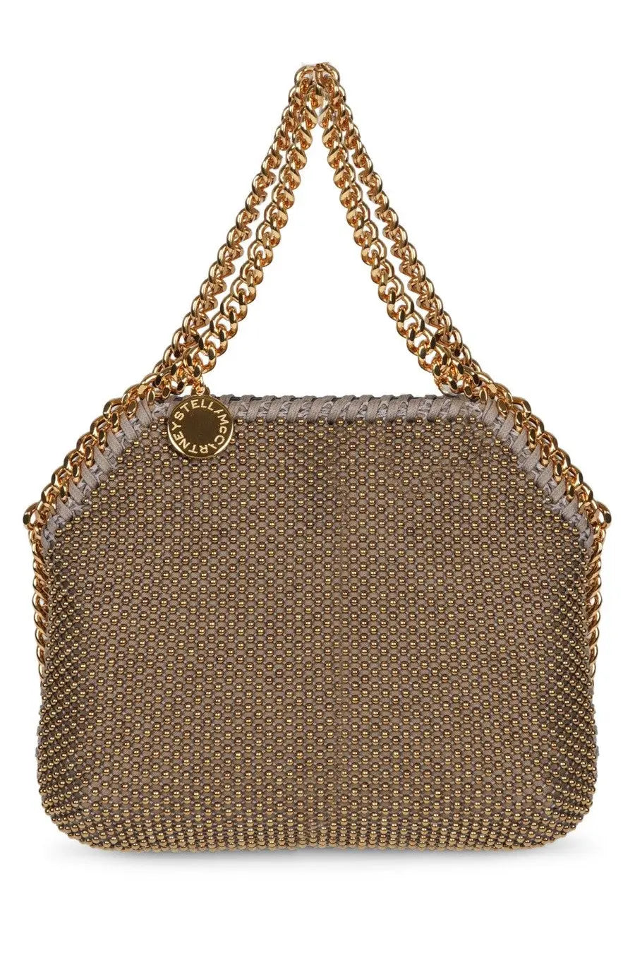 Stella McCartney womens taupe beaded mesh Borsa tote Falabella nano handbag with gold chain straps and circular emblem