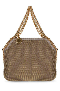 Stella McCartney womens taupe beaded mesh Borsa tote Falabella nano handbag with gold chain straps and circular emblem