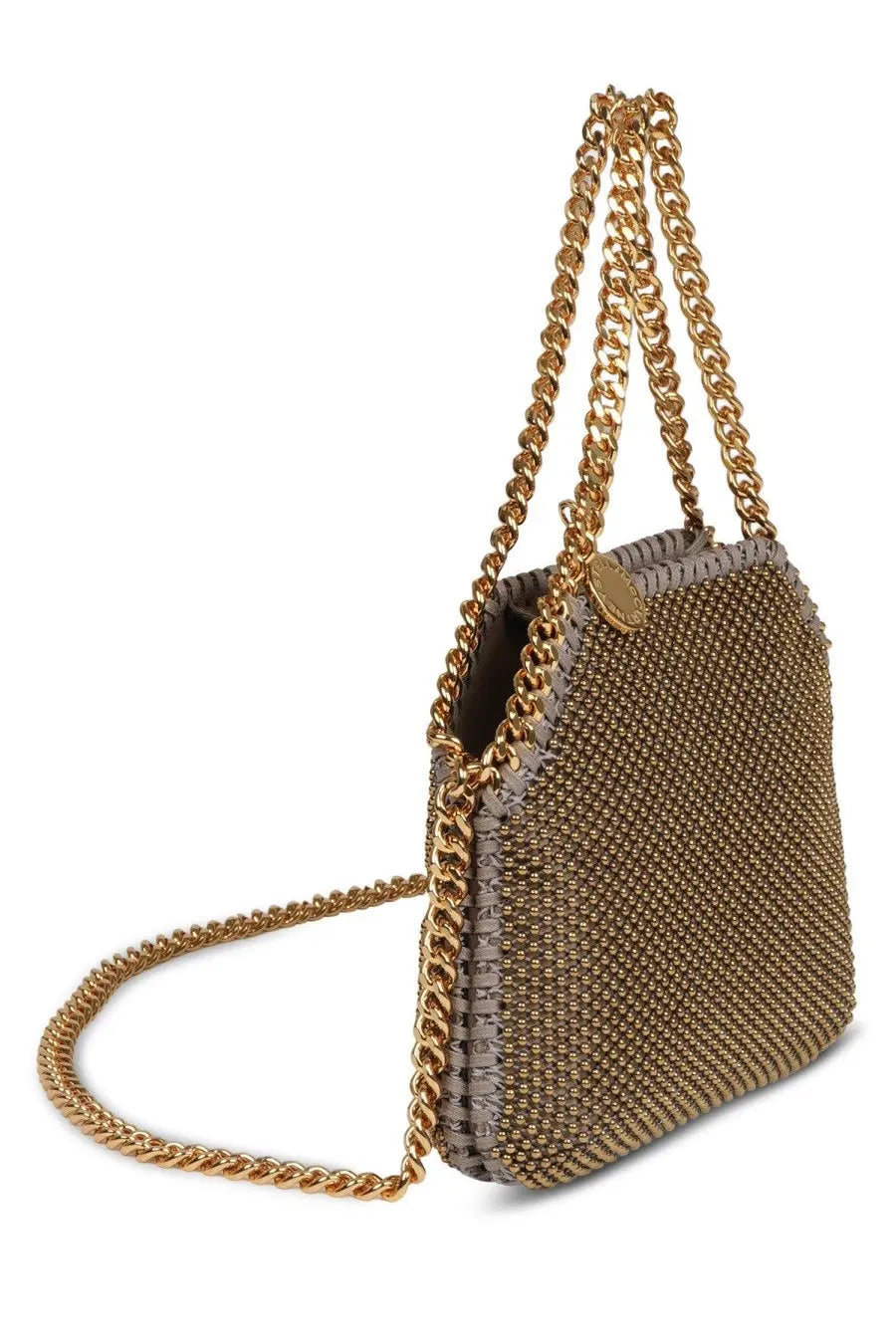Gold-toned chain strap attached to a textured woven gray and gold mesh Stella McCartney borsa tote falabella nano bag