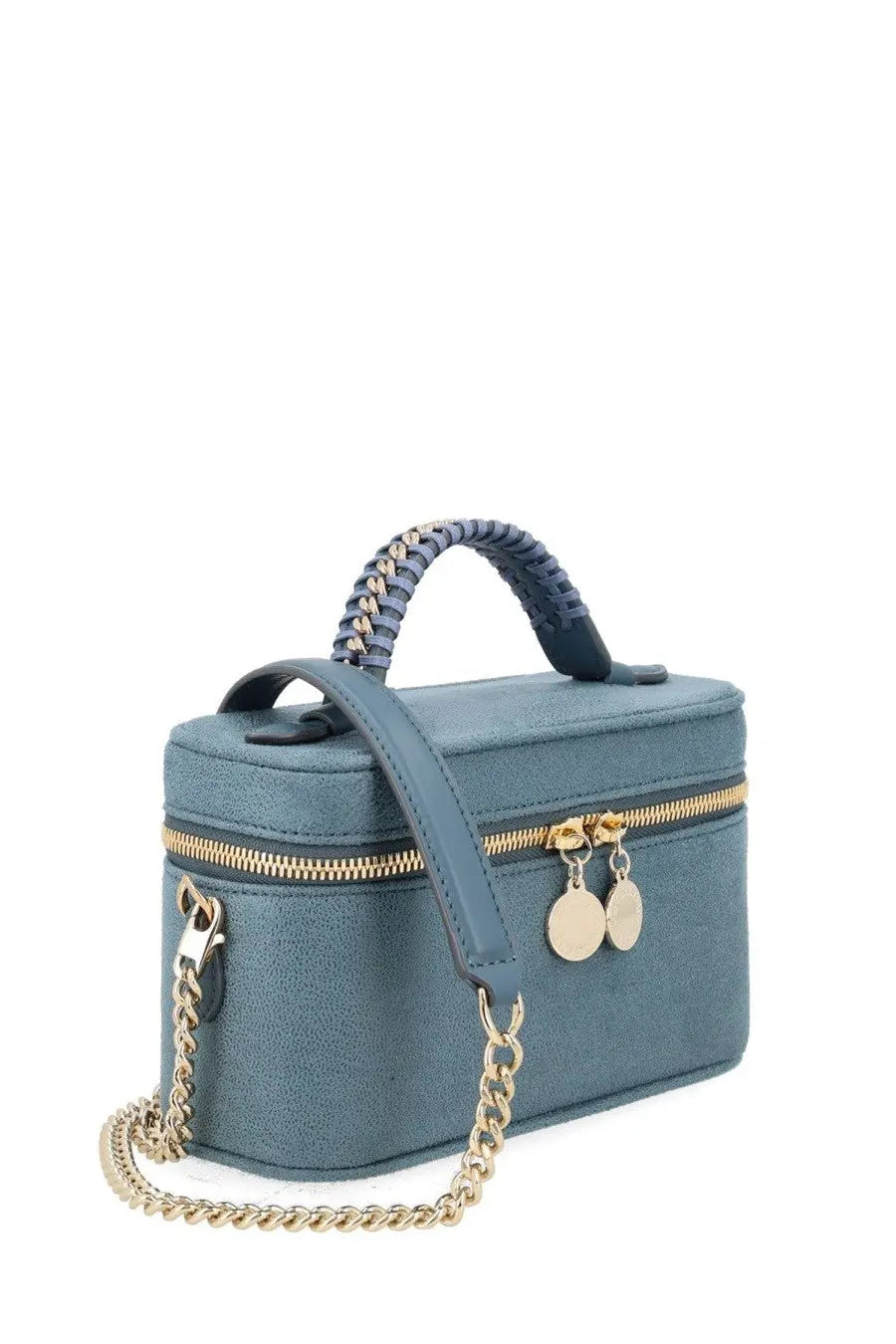 Stella McCartney womens borsa vanity falabella blue teal suede clutch with braided handle gold zipper and chain strap