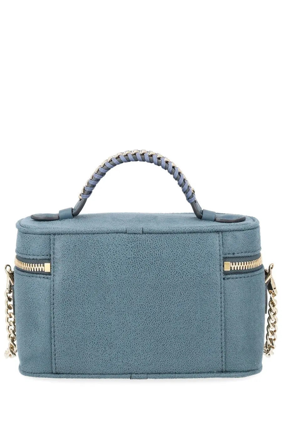 Stella McCartney women’s borsa vanity falabella blue teal suede mini handbag with braided handle and gold chain strap