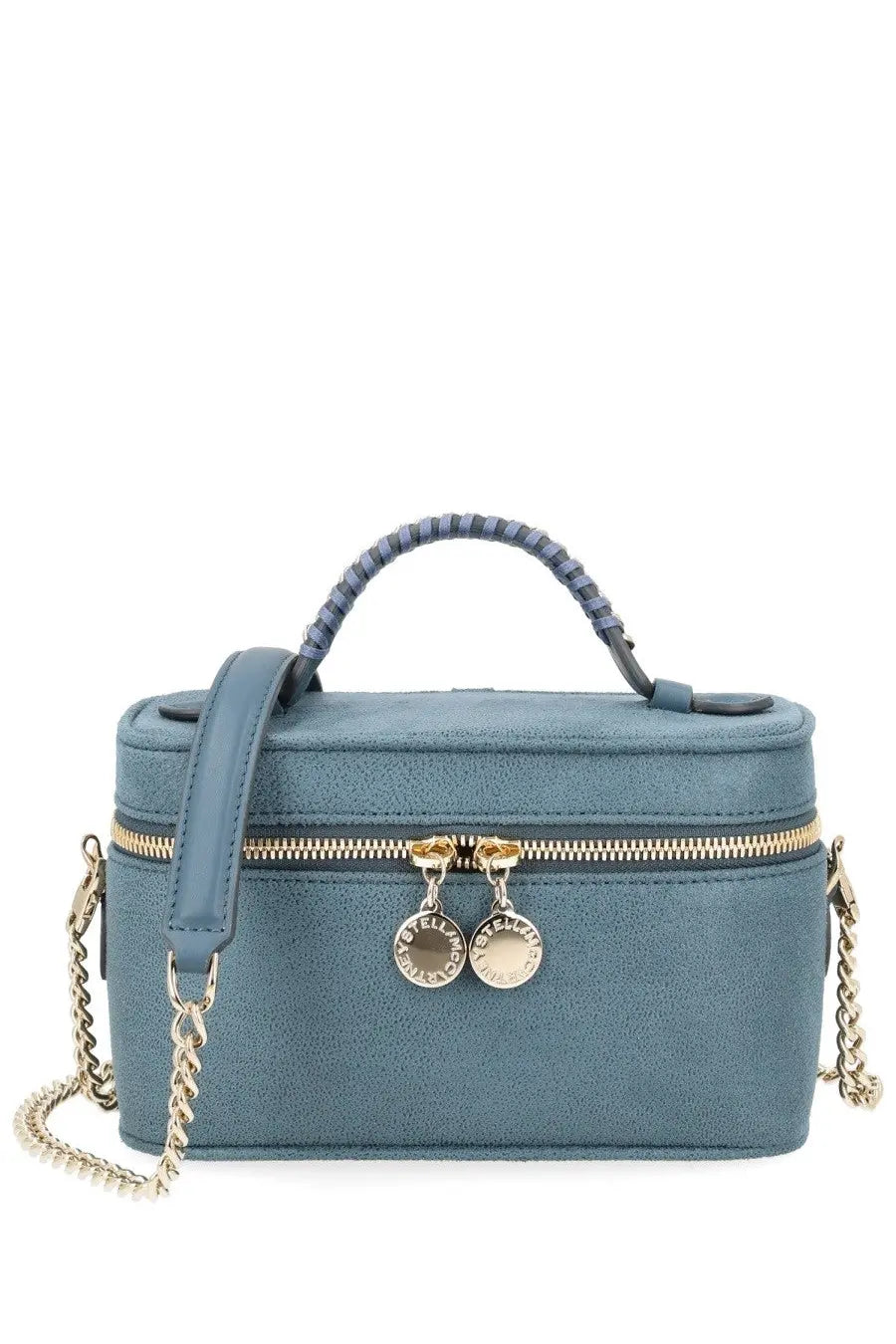 Stella McCartney women’s borsa vanity falabella blue teal suede mini crossbody bag with braided handle and gold chain strap