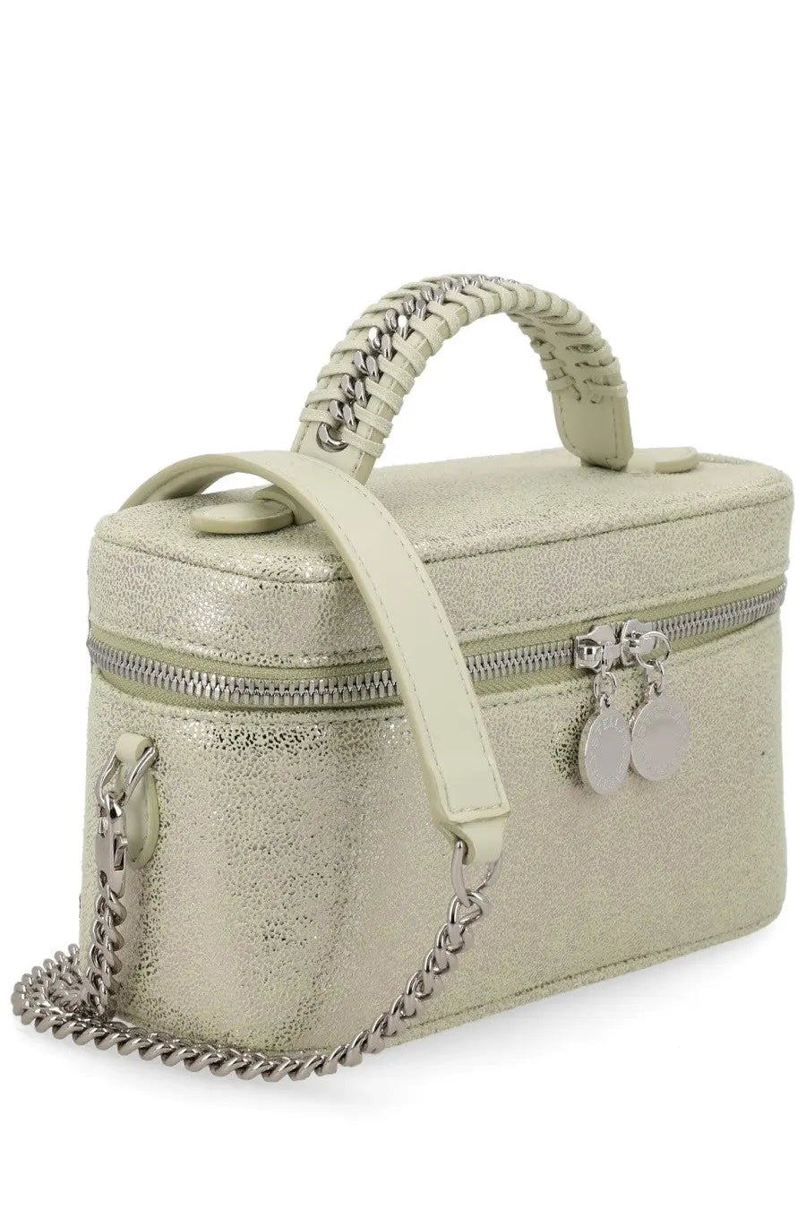 Stella McCartney women’s borsa vanity falabella silver metallic silver glittery handbag with braided handle and chain strap