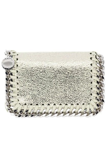 Stella McCartney women’s silver card holder falabella with silver metallic chain stitch and textured pebbled leather body