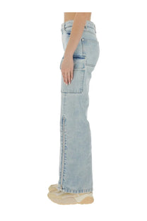 Stella McCartney women’s light-wash denim cargo jeans with flared leg and visible stitching details