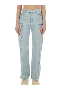 Stella McCartney women’s light-wash denim cargo jeans in blue with large flap pockets and a straight-leg cut