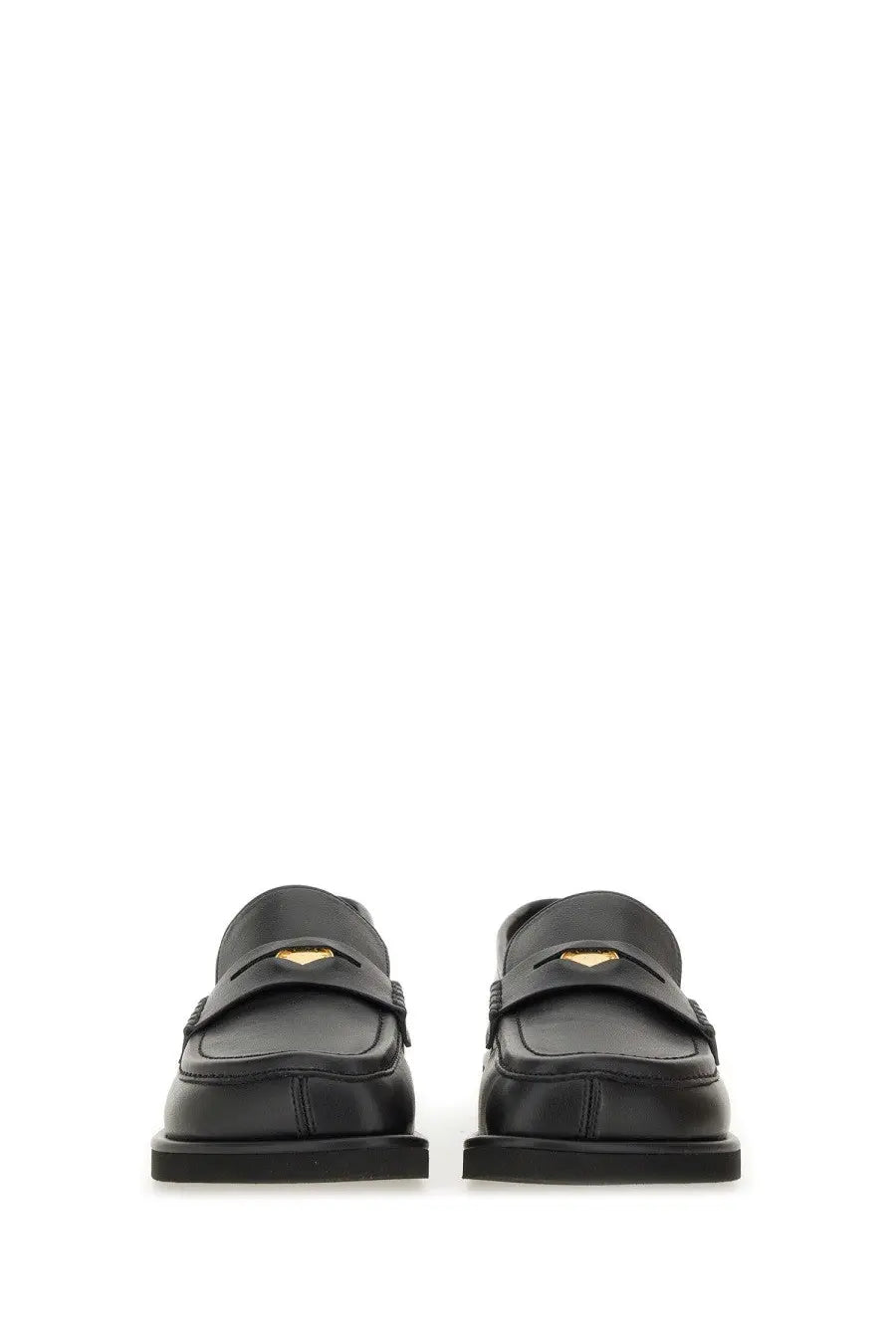 Stella McCartney women’s classic loafer Ryder black with black leather and gold-tone heart-shaped emblem on front