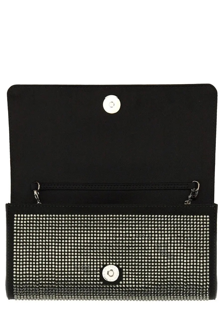 Stella McCartney women’s black clutch bag with silver rhinestones, metallic snap closures, and zippered interior compartment