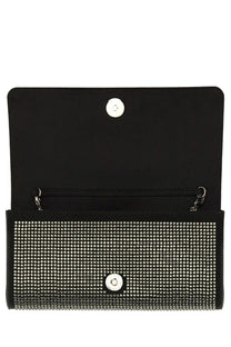 Stella McCartney women’s black clutch bag with silver rhinestones, metallic snap closures, and zippered interior compartment