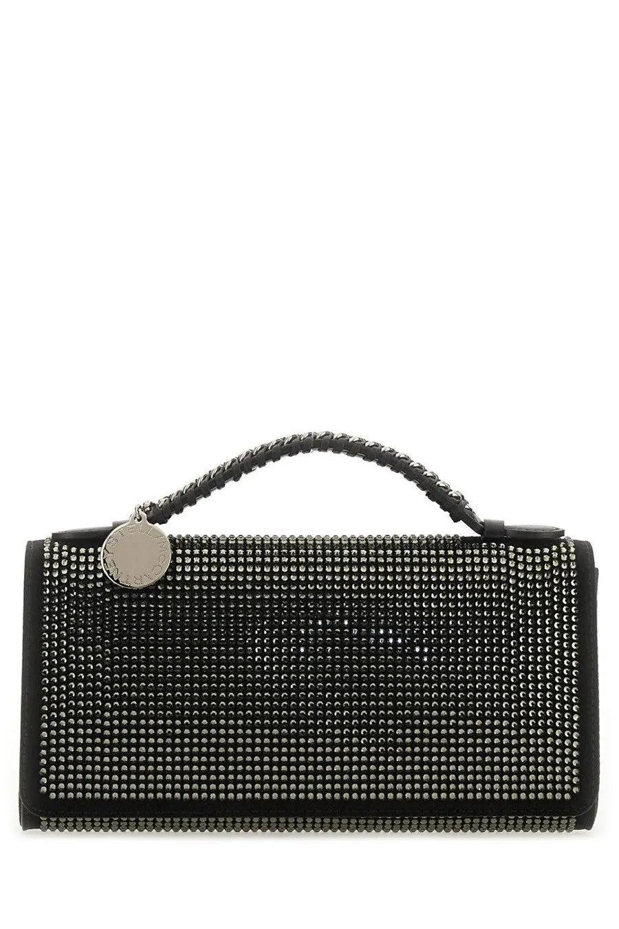 Stella McCartney women’s clutch bag black with silver rhinestones and braided black leather handle