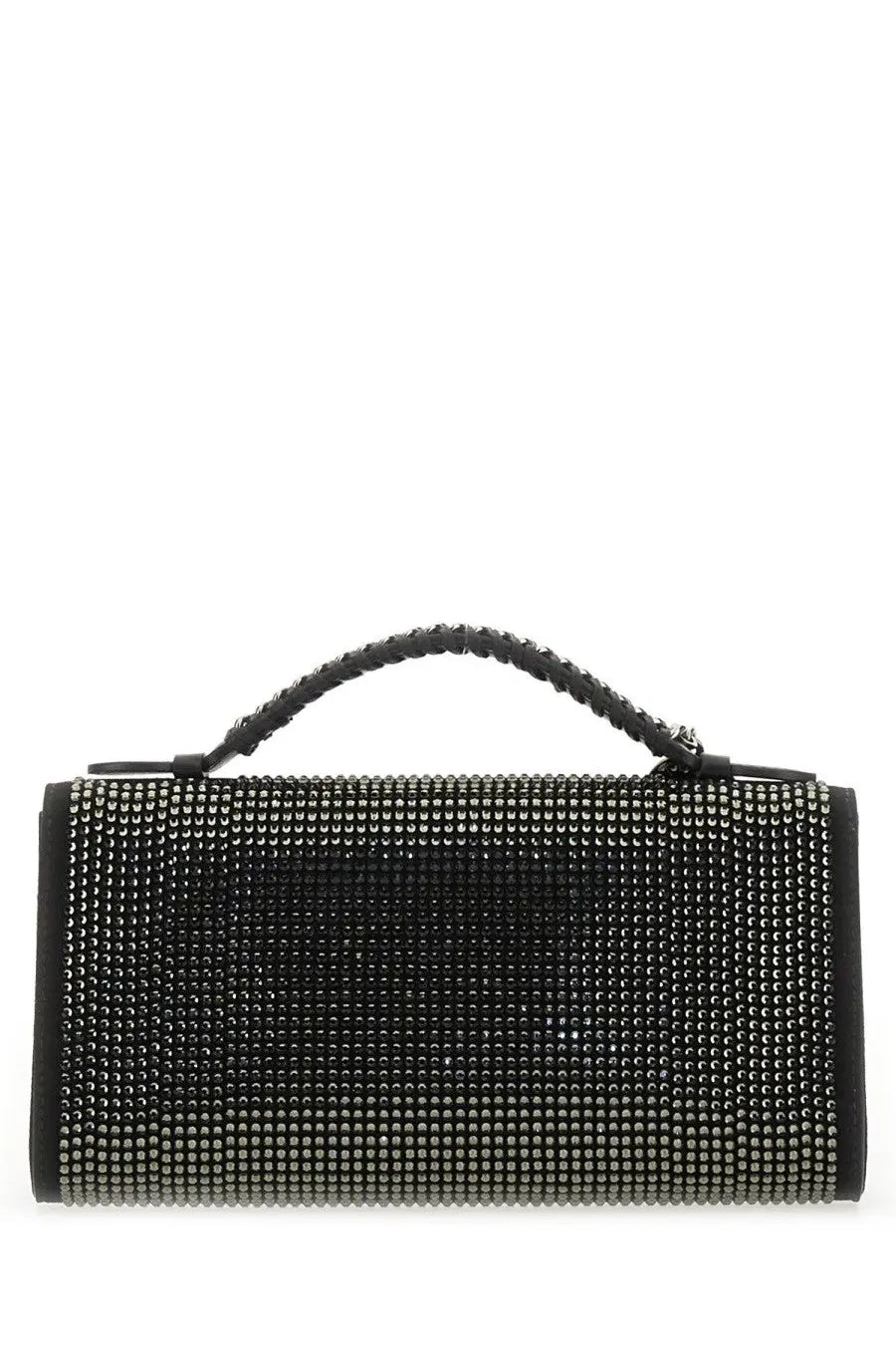 Stella mccartney women’s black clutch bag with dense silver rhinestones and braided black leather handle