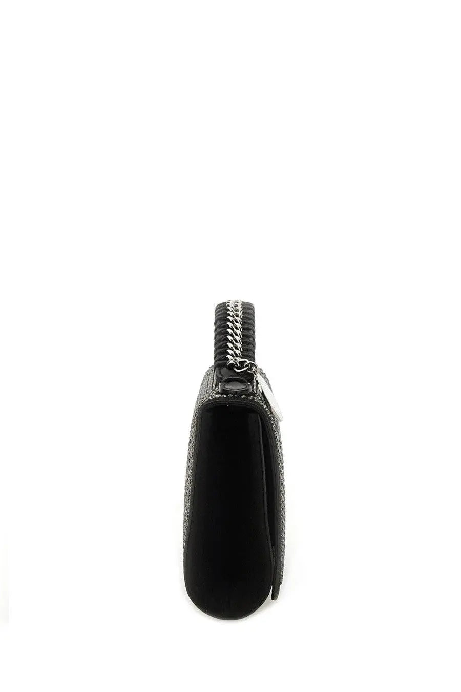 Stella McCartney women’s black clutch bag with textured glittery exterior and silver chain zipper pull