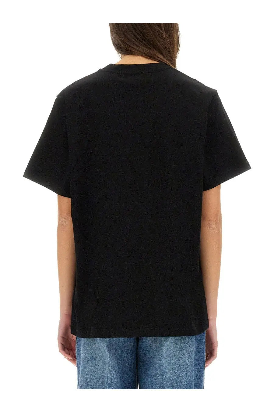 Stella McCartney women’s black cotton short-sleeved t-shirt with a relaxed fit front view
