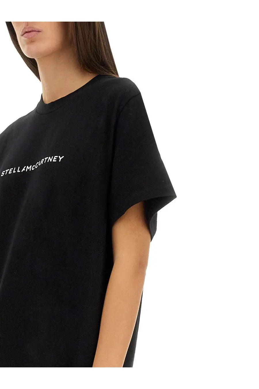 Stella McCartney women’s black cotton t-shirt with white embroidered logo across the chest