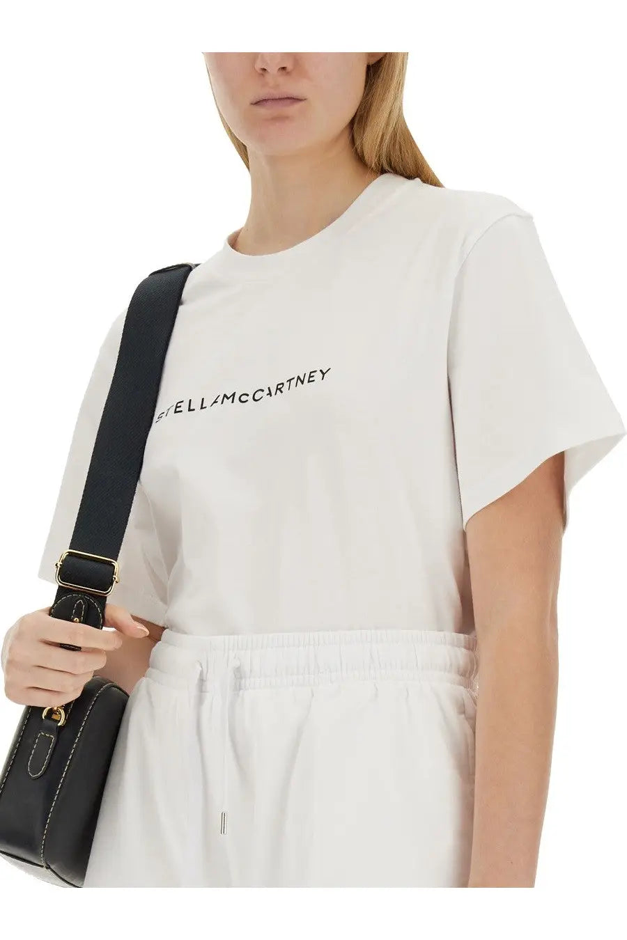 White cotton t-shirt with black stellamccartney logo printed across the chest for women
