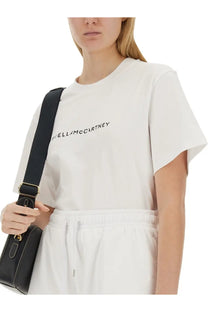White cotton t-shirt with black stellamccartney logo printed across the chest for women
