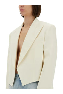 Stella McCartney women’s cream-colored tailored cropped blazer with structured silhouette and clean lines