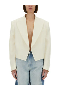Stella McCartney women’s cream-colored tailored cropped blazer with structured silhouette and notched lapels