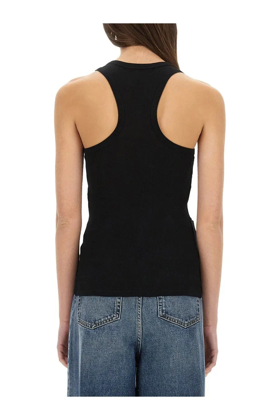 Black racerback tank top with cutout shoulder details by Stella McCartney featuring crystal mini star embellishments