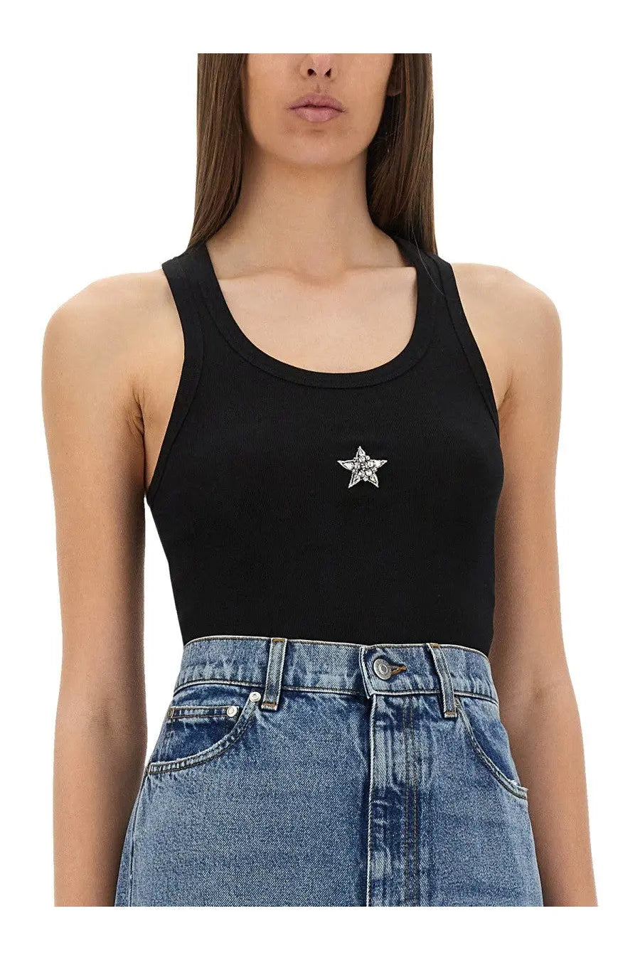 Stella McCartney women’s black ribbed tank top with crystal mini silver star pin on the chest