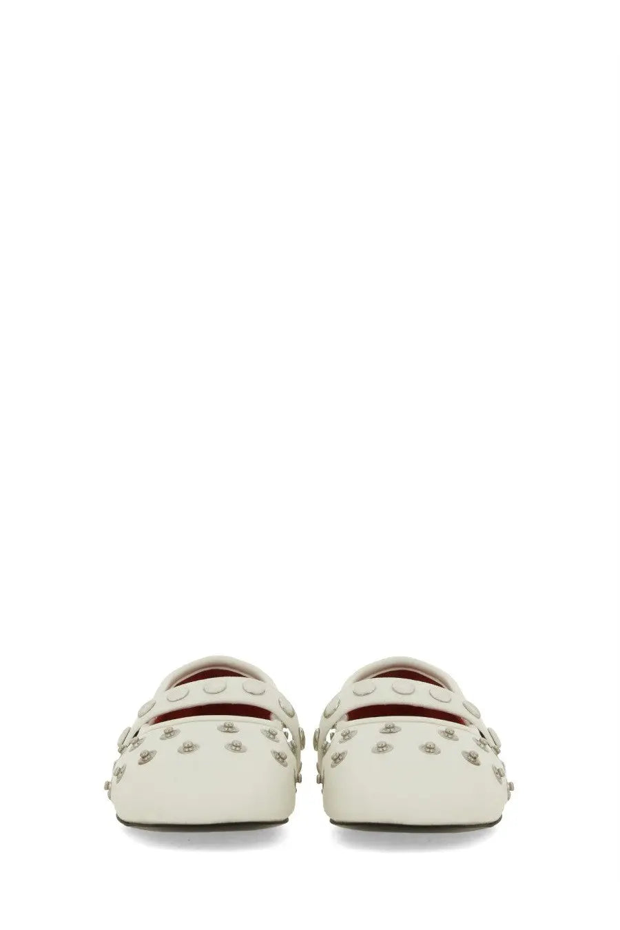 Stella McCartney women’s dancer Ryder white cream leather loafers with silver studs and red interior lining