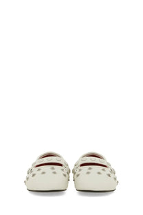 Stella McCartney women’s dancer Ryder white cream leather loafers with silver studs and red interior lining
