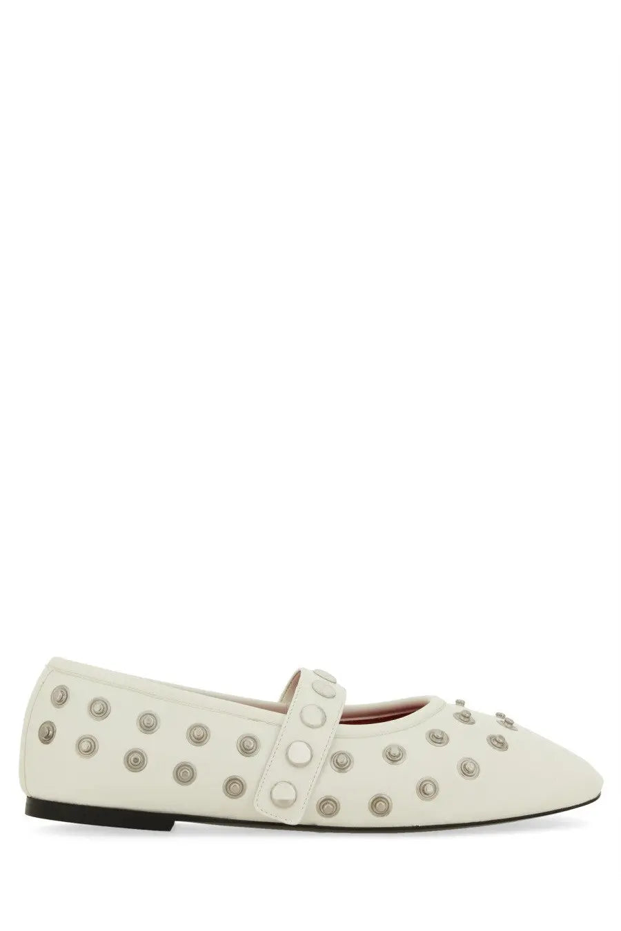 Stella McCartney women’s dancer Ryder white leather flat shoe with silver-toned studs and instep strap