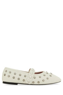 Stella McCartney women’s dancer Ryder white leather flat shoe with silver-toned studs and instep strap