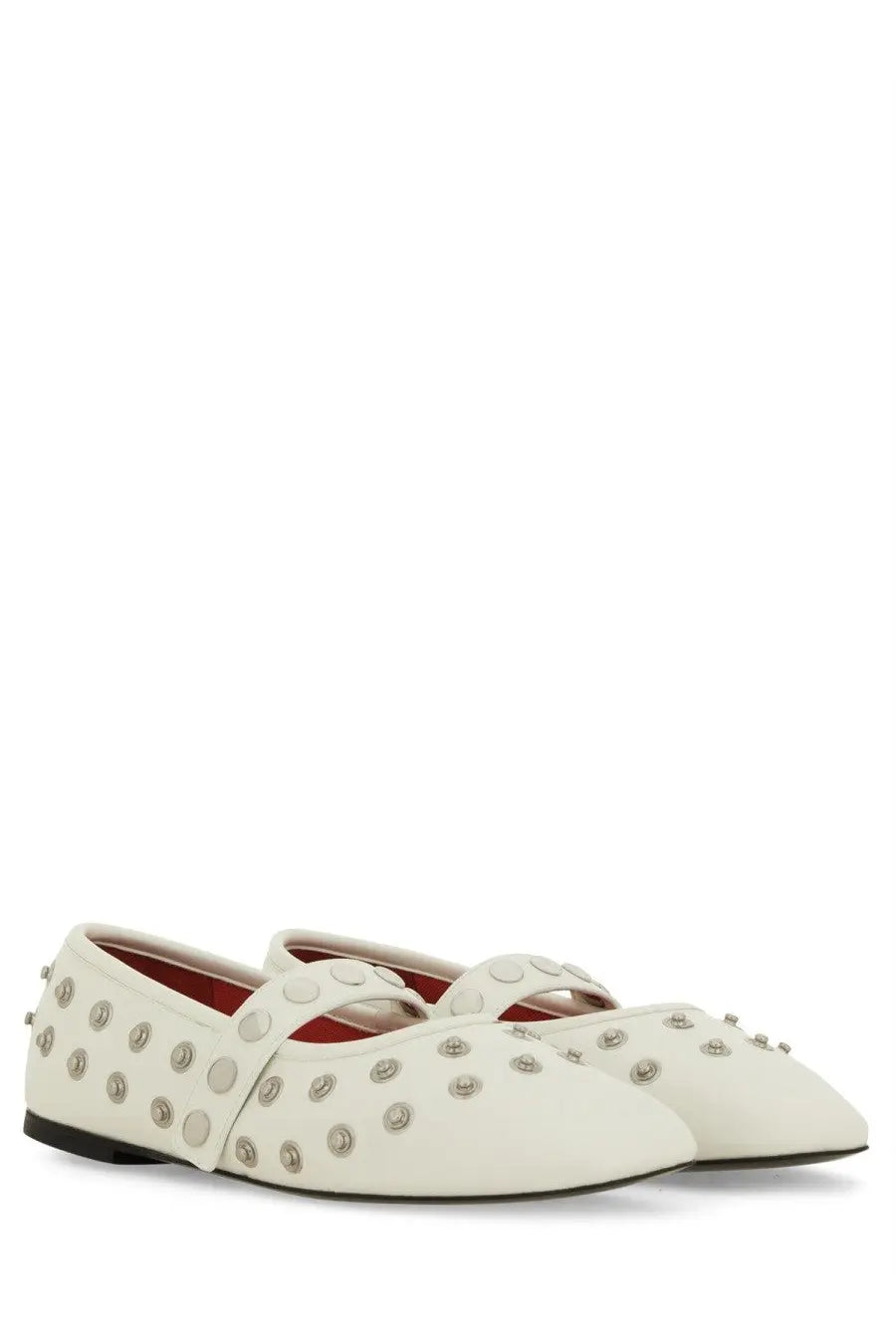 Stella McCartney women’s dancer Ryder white leather flats with silver studs and matching strap across instep