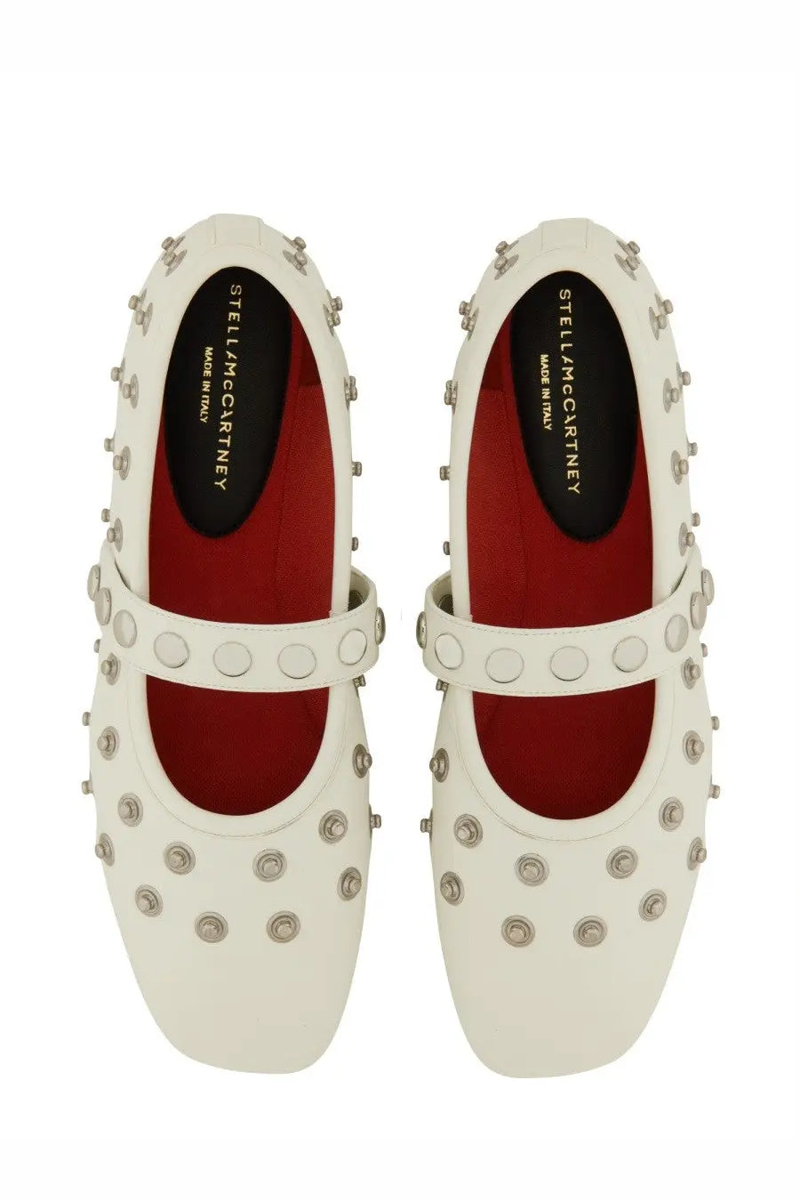 White studded mary jane flats by stella mccartney featuring a sleek white design and signature stud detailing